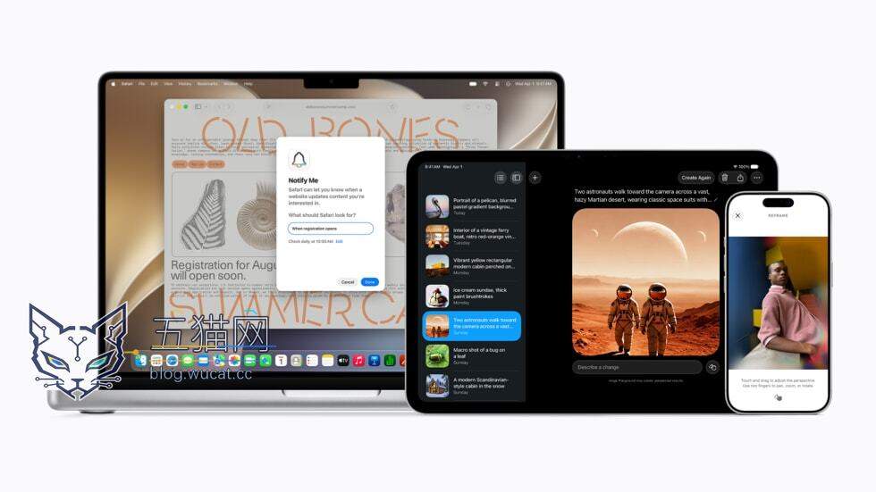 Apple Vision Pro头显、14英寸MacBook Pro、11英寸iPad Pro和iPhone 17 Pro展示了Apple Intelligence的多种用户界面。
